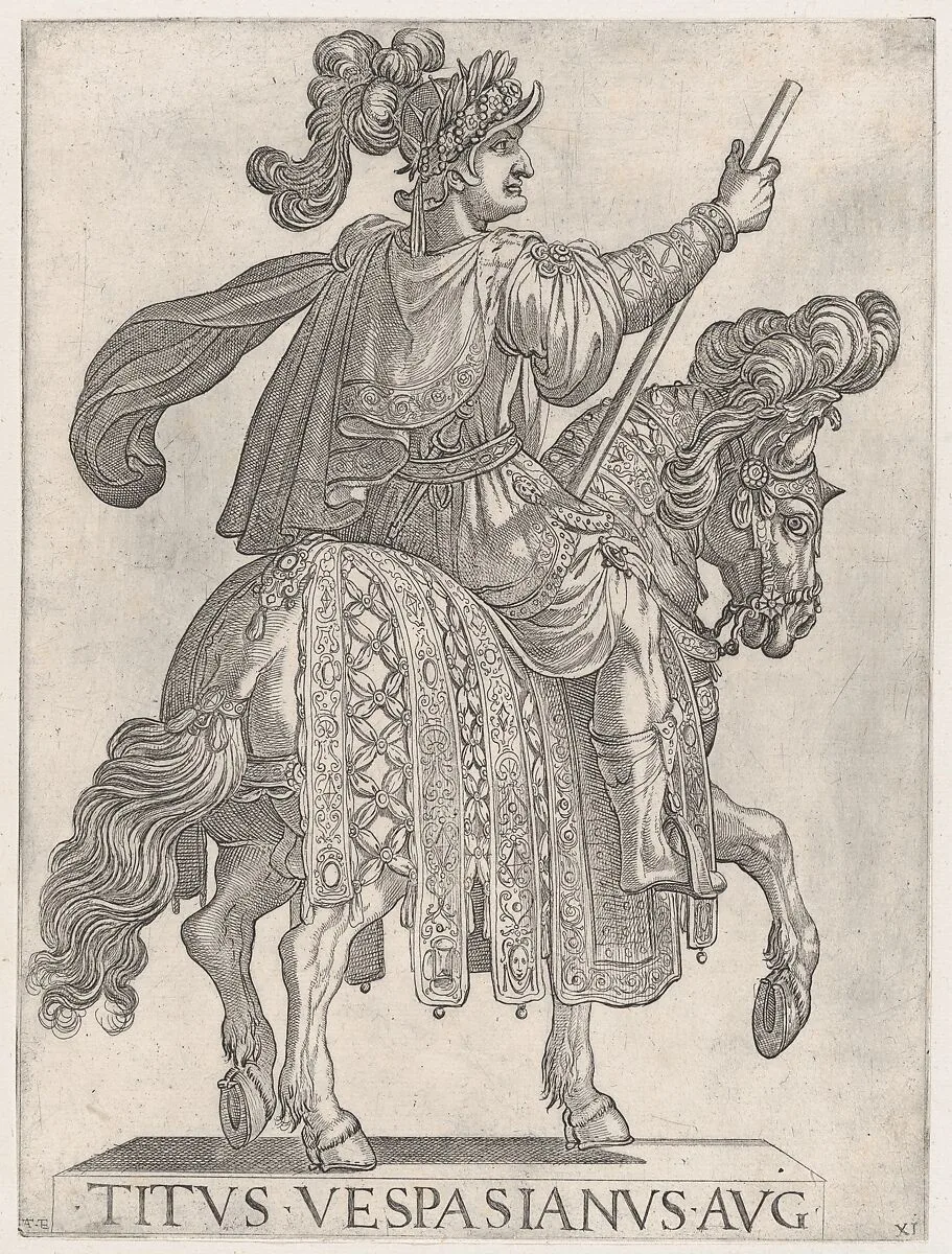 Plate 11: Titus Vespasian on horseback facing right from the 'First Twelve Emperors of Ancient Rome' — Antonio Tempesta
