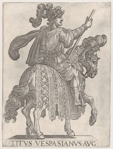 Plate 11: Titus Vespasian on horseback facing right from the 'First Twelve Emperors of Ancient Rome'