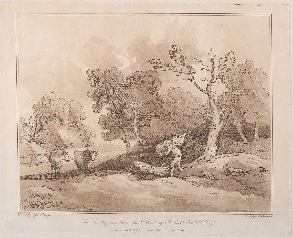 Landscape with a Figure Carrying a Bundle of Branches, a Copice Behind, Two Cows in a Field at Left — Carl Friedrich Abel|Thomas Rowlandson|John Thane|Thomas Gainsborough