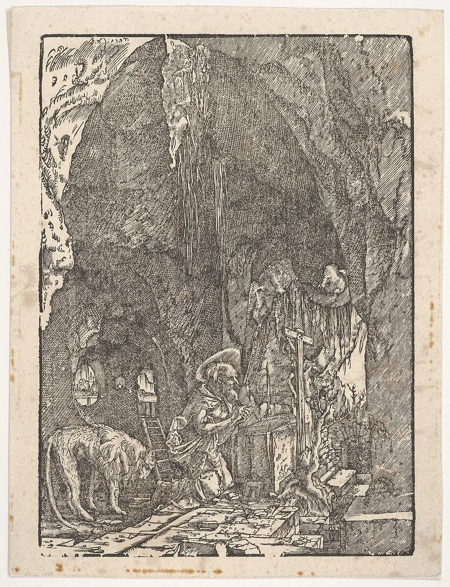 Saint Jerome in Penitence, in a Cave, from "Holzschnitte alter deutscher Meister in den Original-Platten gesammelt von Hans Albrecht von Derschau" — Albrecht Altdorfer|Hans Albrecht von Derschau|Rudolph Zacharias Becker|Rudolph Zacharias Becker