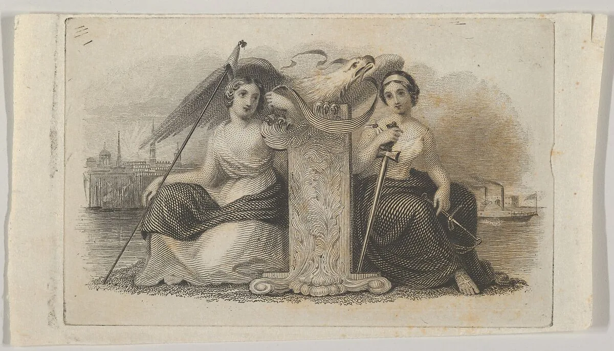 Banknote vignette with female figures representing Liberty and Justice — Asher Brown Durand|A. B. & C. Durand & Company|Durand, Perkins, and Company
