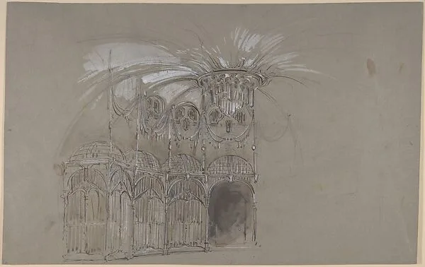 Stage Set Design of Circular Ballroom with Chandelier; verso: Rough Sketch of Stage Design — Salvador Alarma Tastás