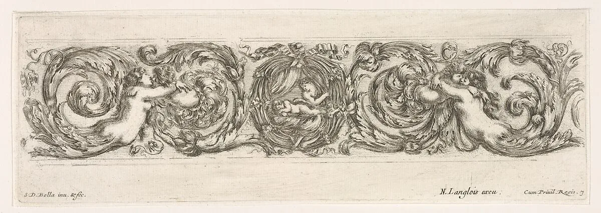 Design for a Frieze with Acanthus Scrolls with the Theme of Love, Plate 7 from: 'Decorative friezes and foliage' (Ornamenti di fregi e fogliami) — Stefano della Bella|Nicolas Langlois