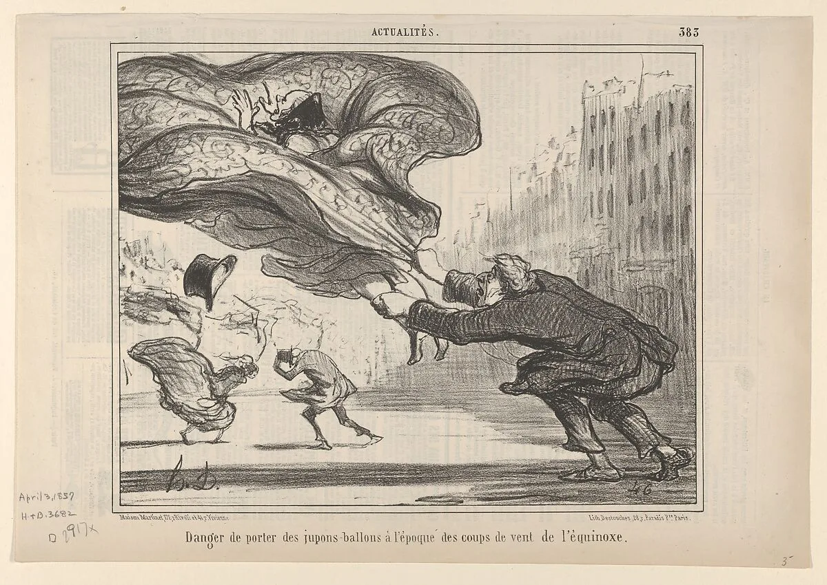 Danger de Porter des Jupes-Ballons, Plate 26 of La Crinolomanie, published in le Charivari, April 3, 1857 — Honoré Daumier|Destouches