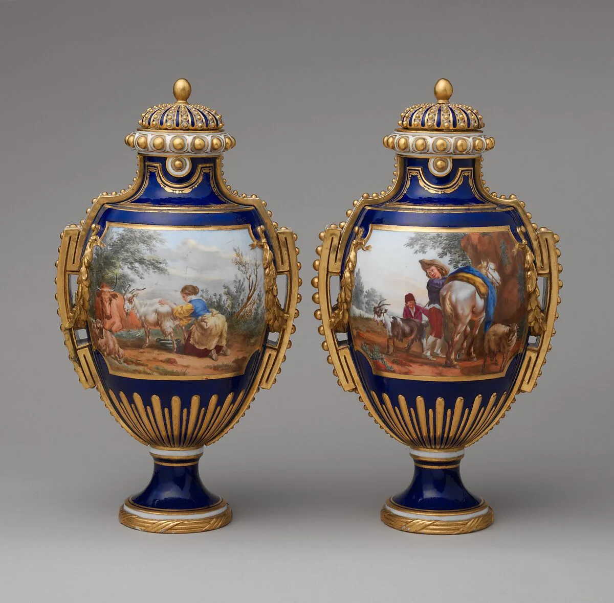 Vase with cover (vase à panneaux or à perles) (one of a pair) — Sèvres Manufactory|Charles Nicolas Dodin|Jean-Baptiste Tandart