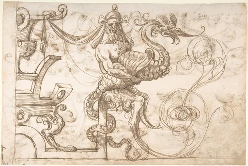Satyr holding a fantastical creature (recto); Two candelabra grotesques (verso)