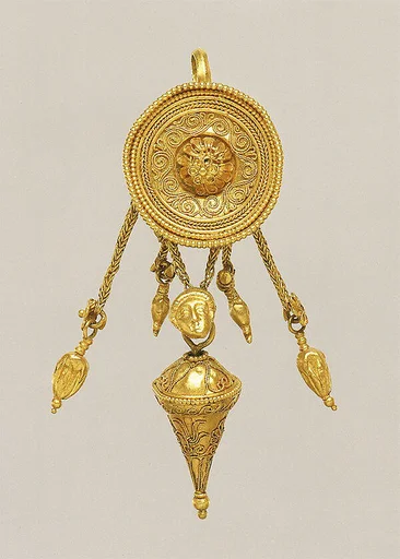 Gold disk earring with a female head and cone pendants
