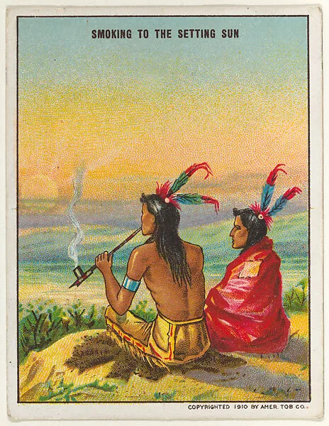 Smoking to the Setting Sun, from the "Indian Life in the 60's" series (T73), issued with Hassan Cork Tip Cigarettes by the American Tobacco Company — American Tobacco Company