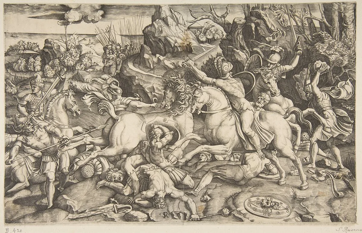Battle scene in a landscape with soldiers on horseback and several fallen men, another group of riders in the background — Raphael (Raffaello Sanzio or Santi)|Giulio Romano|Marco Dente