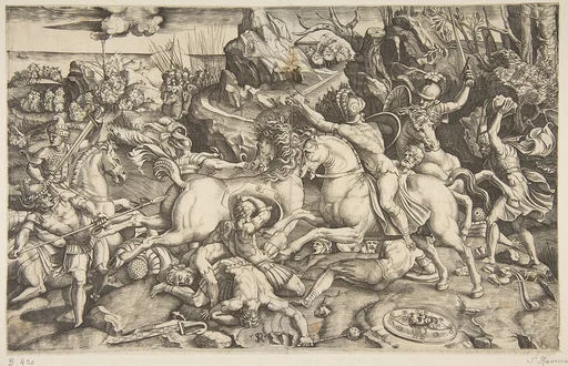 Battle scene in a landscape with soldiers on horseback and several fallen men, another group of riders in the background