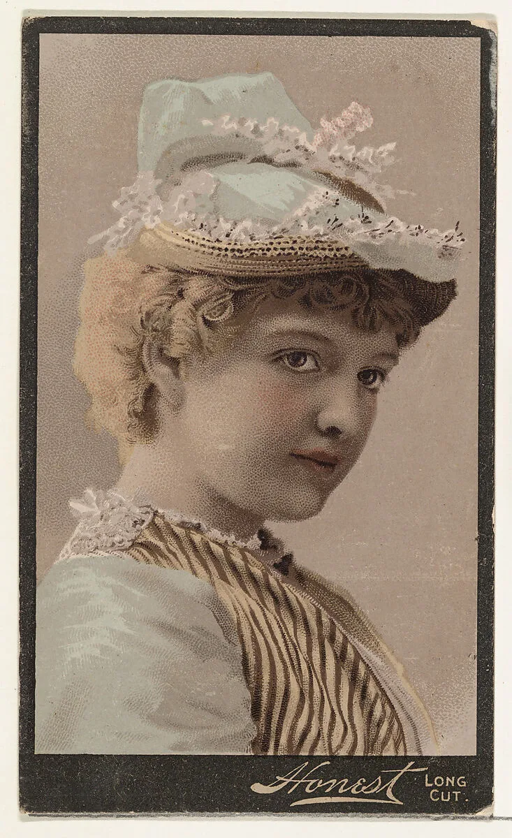 Blonde actress wearing petite straw-brimmed cap decorated with white flowers, from Stars of the Stage, Third Series (N131) issued by Duke Sons & Co. to promote Honest Long Cut Tobacco — Joseph P. Knapp|W. Duke, Sons & Co.|American Tobacco Company