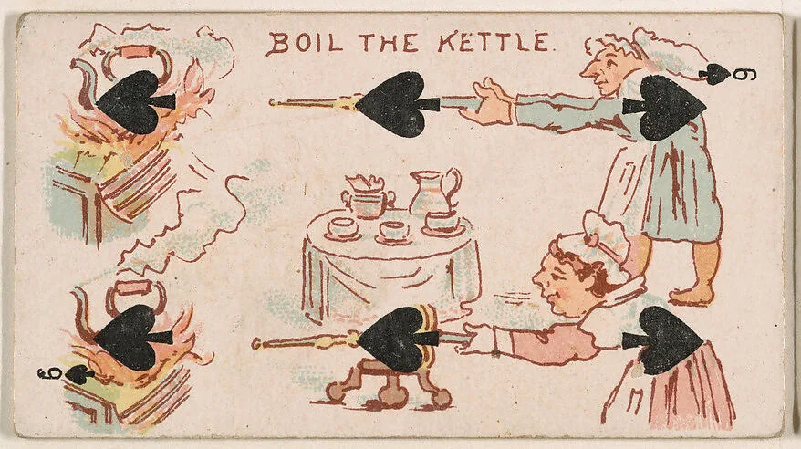 Six of Spades, Boil the Kettle, from Harlequin Cards, 2nd Series (N220) issued by Kinney Bros. — Kinney Brothers Tobacco Company