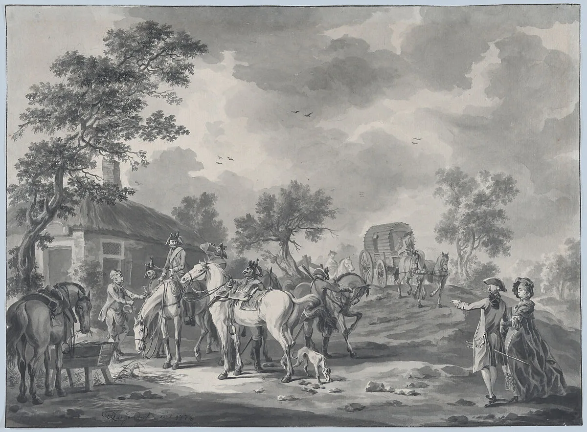 A Gathering of Horsemen and a Coach near a Watering Place — Dirk Langendijk