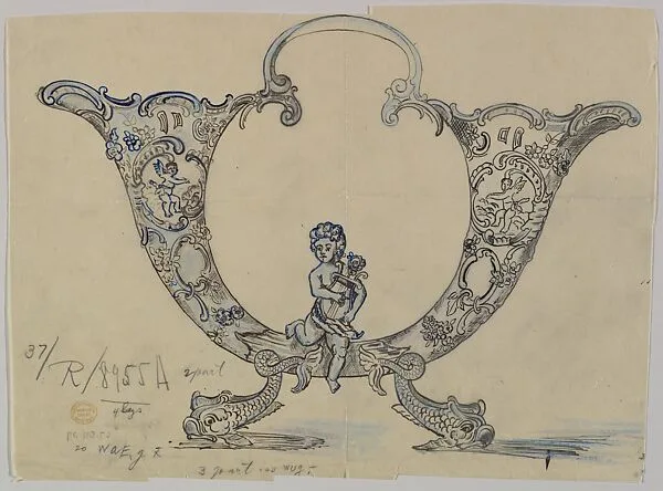 Design for a Double Horn-shaped Silver Dish with Dolphin Feet Adorned with a Putto — Anonymous, Czech, early 20th century