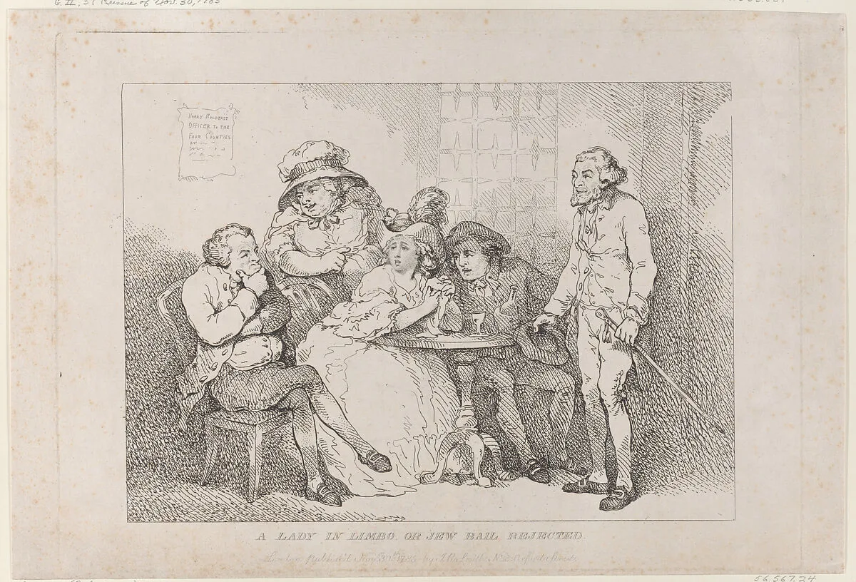 A Lady in Limbo, or Jew Bail Rejected — Thomas Rowlandson|John Raphael Smith