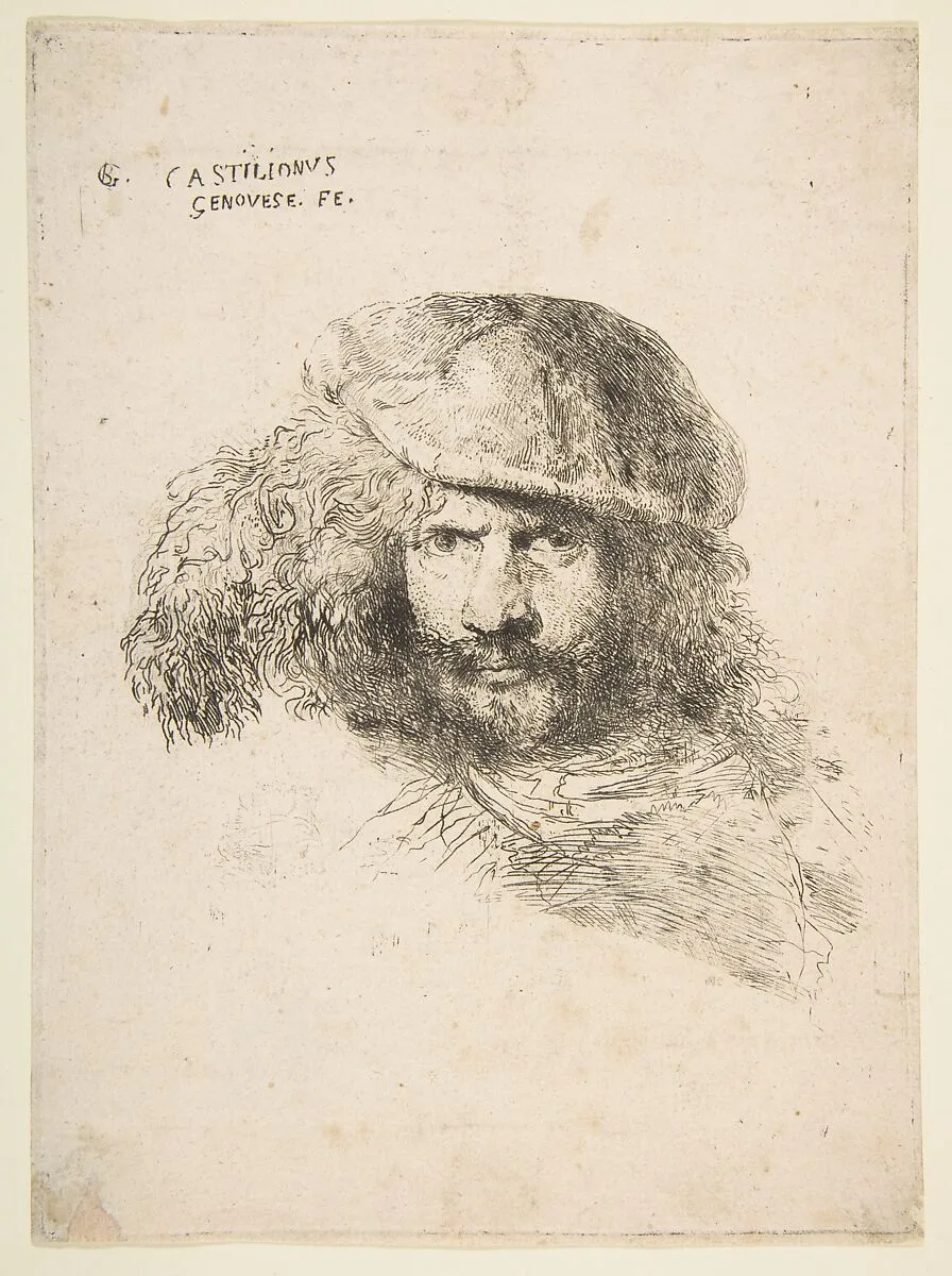 Head of a man wearing a feathered cap (possibly Bernini, possibly a self portrait), from the series of 'Large Oriental Heads' — Giovanni Benedetto Castiglione (Il Grechetto)