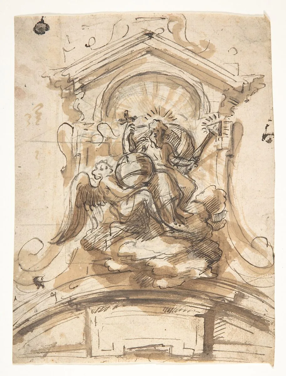 Design for a sculptural group with God the Father in a niche — Pieter Verbruggen the Younger|Anonymous, Flemish, 17th century|Michiel van der Voort