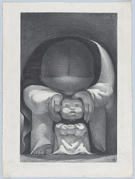 First steps, a mother bent over supporting a child — Jean Charlot
