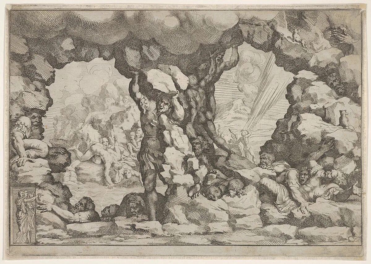 A giant heaving a boulder at center, other giants to left and right struggling and recoiling against impending boulders, nude figures climbing rocks and struggling in the background, from 'Giove che fulmina li giganti', after the frescoes on the ceiling of the Sala dei Giganti designed by Giulio Romano for the Palazzo del Te, Mantua — Pietro Santi Bartoli|Giulio Romano
