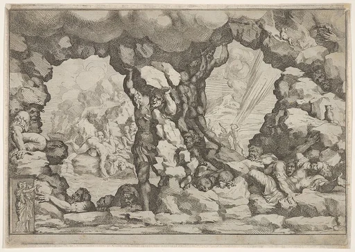 A giant heaving a boulder at center, other giants to left and right struggling and recoiling against impending boulders, nude figures climbing rocks and struggling in the background, from 'Giove che fulmina li giganti', after the frescoes on the ceiling of the Sala dei Giganti designed by Giulio Romano for the Palazzo del Te, Mantua