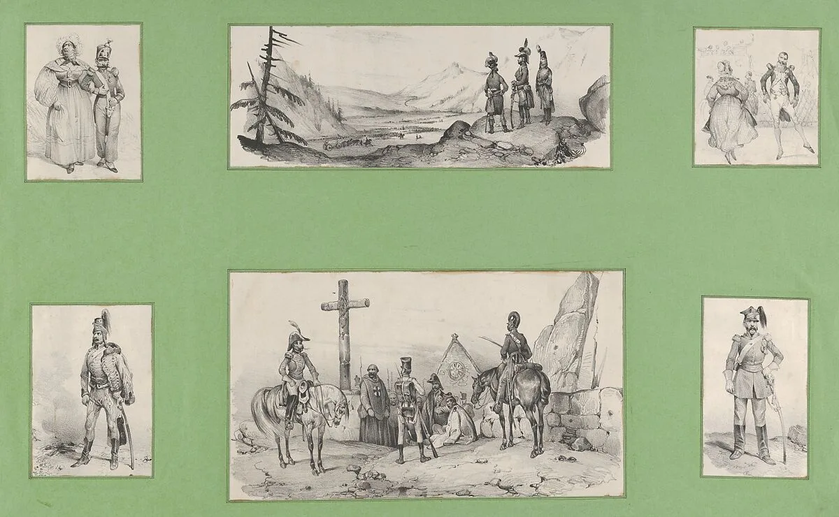 Soldiers and Landscapes, (6 prints mounted onto a green album sheet) — Victor Adam