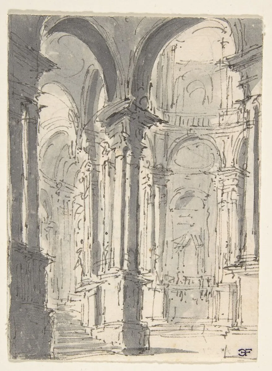 Design for Stage Set with a Circular Arcade (recto); Sketch for Stage Set with Circular Arcade (verso) — Giovanni Battista Natali III