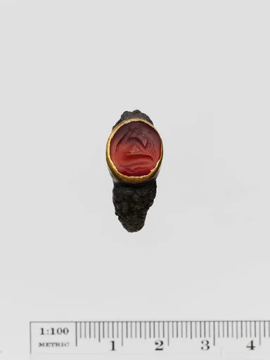 Carnelian ring stone with gold band set in a silver ring