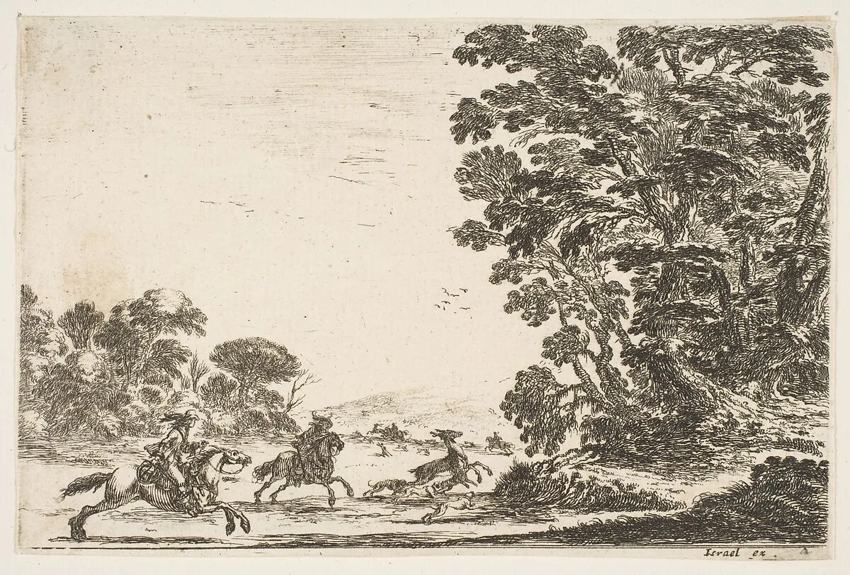 A deer hunt, two horsemen galloping towards the left behind three dogs and a deer, a group of trees to right, plate 4 from "Various Figures" (Agréable diversité de figures) — Stefano della Bella|Israël Henriet