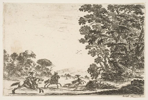 A deer hunt, two horsemen galloping towards the left behind three dogs and a deer, a group of trees to right, plate 4 from "Various Figures" (Agréable diversité de figures)
