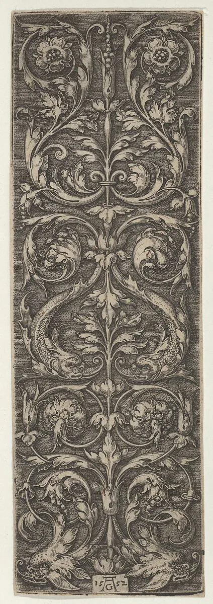 Vertical Panel with Candelabrum Containing Pairs of Fish and Rosettes — Heinrich Aldegrever