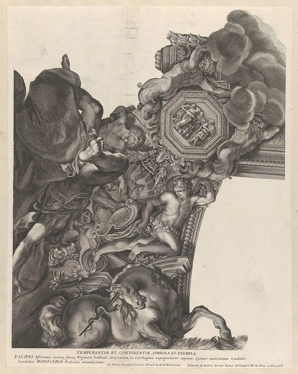 Plate 9: Allegory of Temperance with a unicorn and Publius Scipio Africanus at bottom, from Barberinae aulae fornix — Pietro da Cortona (Pietro Berrettini)|Giovanni Giacomo De Rossi|Gaspar de Guzman, Count of Olivares and Duke of Sanlucar|Anonymous, Italian, 17th century