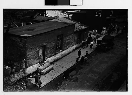 [Three 35mm Film Frames: School Children and Parked Car on Street, Ossining, New York]
