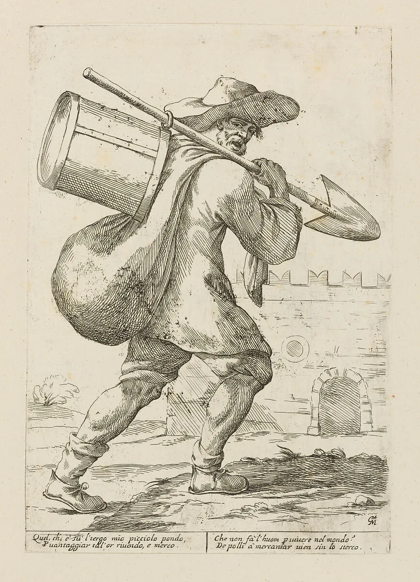 Vendor of Chicken Dung, from Di Bologna l'Arti per via D'An.ibal' Ca.rac, plate 30 — Giuseppe Maria Mitelli|Annibale Carracci|Giovanni Giacomo De Rossi