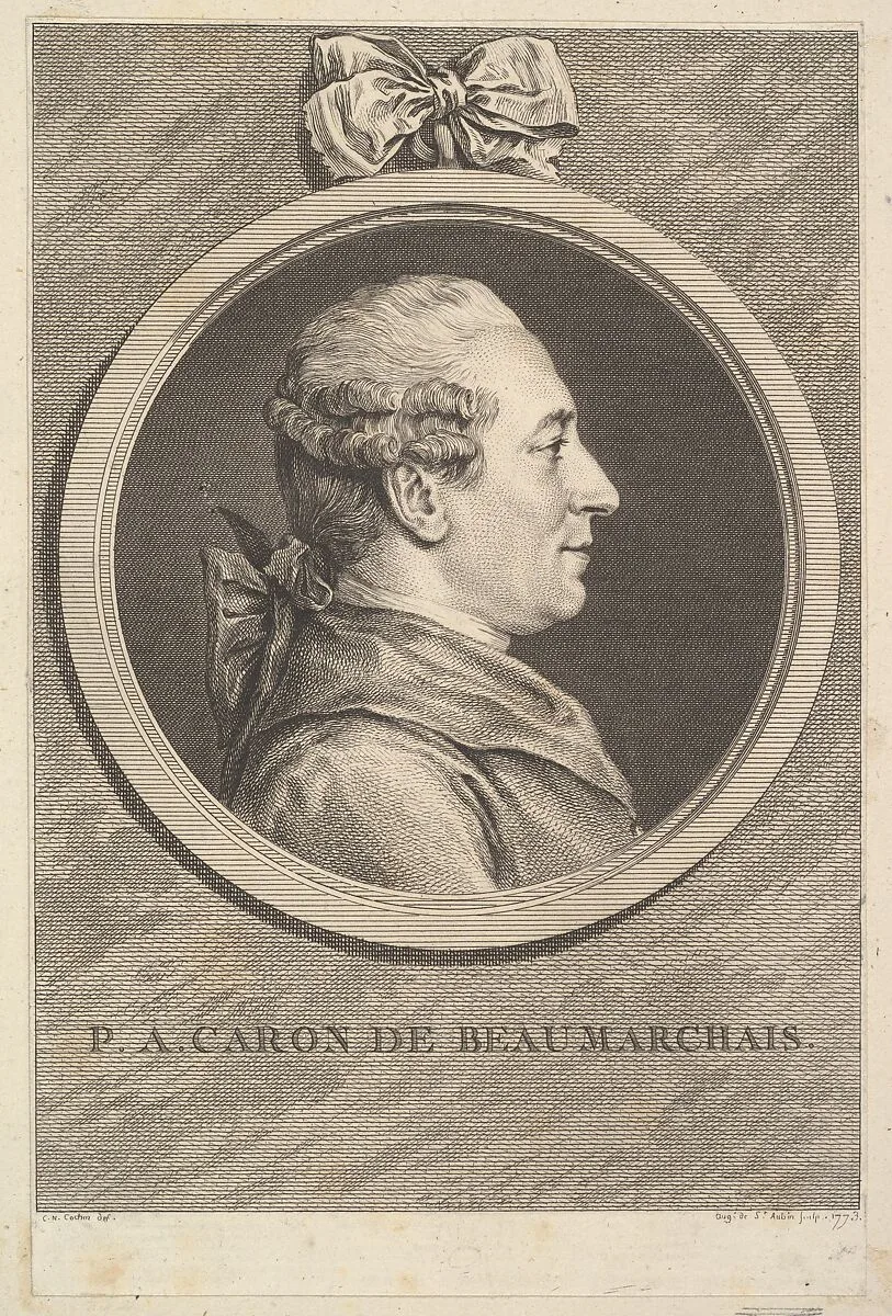 Portrait of P. A. Caron de Beaumarchais — Augustin de Saint-Aubin|Charles Nicolas Cochin II