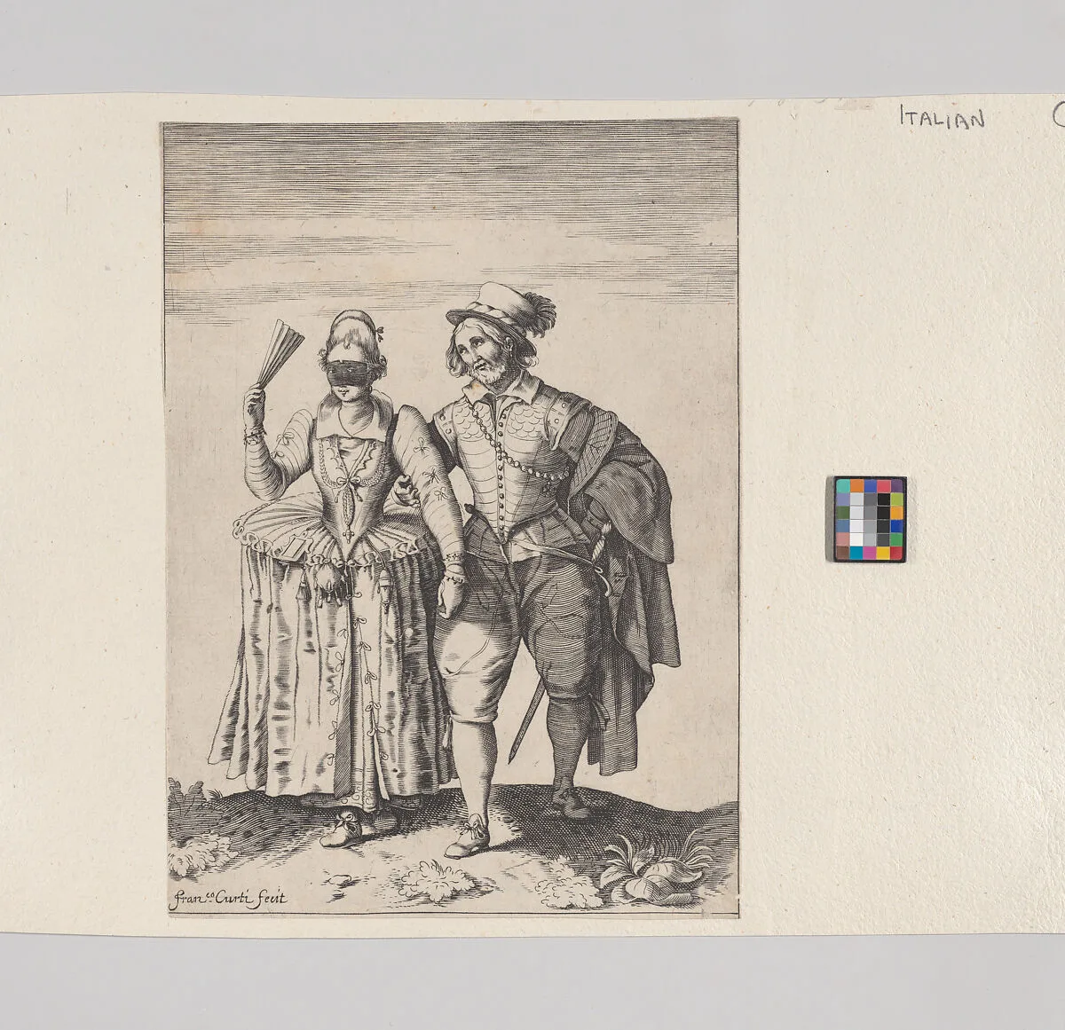 A couple walking, the woman at left wears a mask and carries a fan — Bernardino Curti