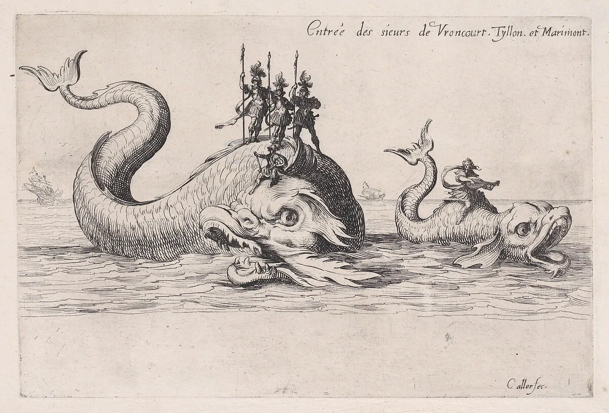 Entrée de MM. de Vroncourt, Tyllon, et Marimont (Entrances of Monsieur de Vroncourt, of Monsieur de Tyllon, and Monsieur de Marimont), from Le Combat a la Barrière in the Palace at Nancy by Henri Humbert, printed by Sebastien Phillipe — Jacques Callot|Henri Humbert