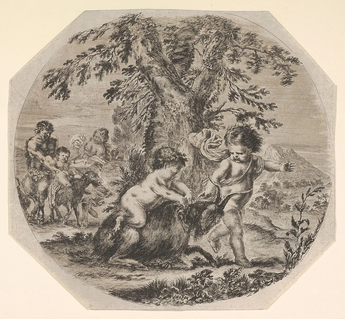 Two children playing with a goat in center, turned towards the right, a child satyr sitting atop the goat, the other child gesturing towards the right, a satyr and a woman watching their child ride a goat in the background, an oval composition — Stefano della Bella