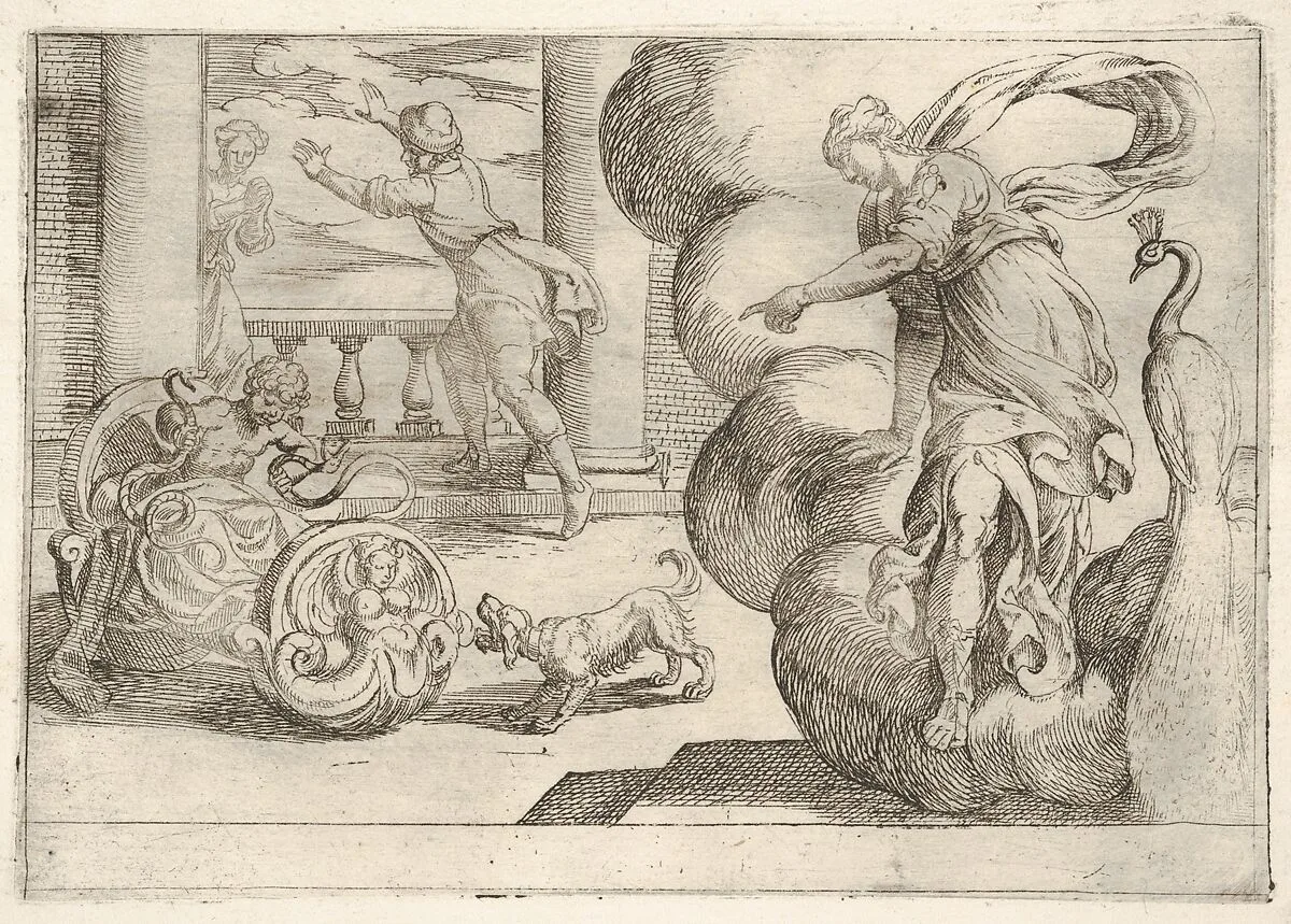 Hercules strangling the serpents: Hercules grasps two serpents in his crib, Juno points toward the serpents from a mass of cloud at right, from the series 'The Labors of Hercules' — Antonio Tempesta