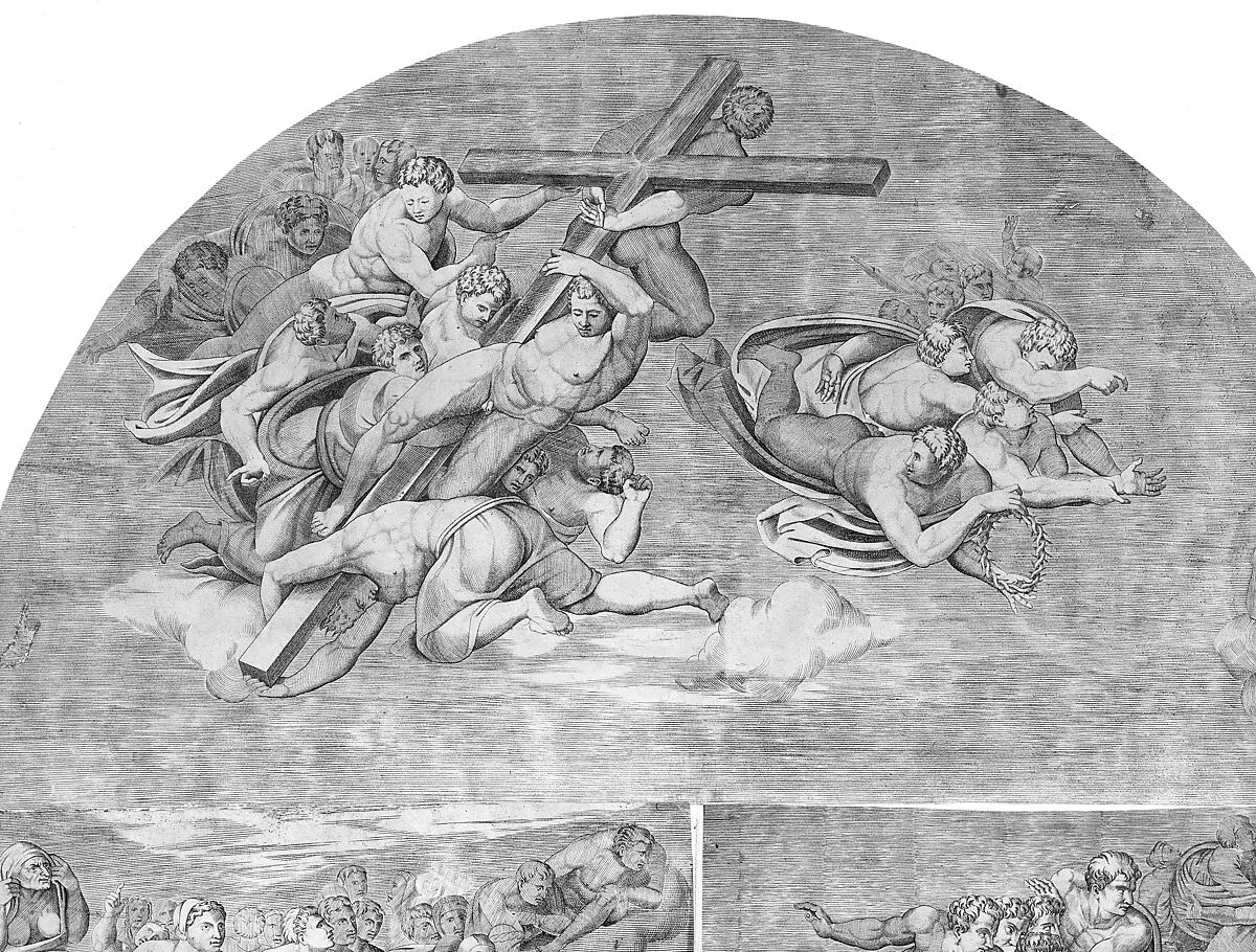 Angels Carrying the Cross with Saints below (upper left section of the Last Judgment) — Niccolò della Casa|Michelangelo Buonarroti