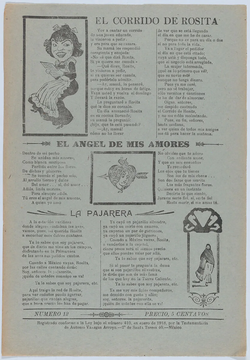 Broadsheet featuring three love ballads with vignettes showing a woman reading, a woman's head in a heart pierced by an arrow and a woman walking — Antonio Vanegas Arroyo|José Guadalupe Posada