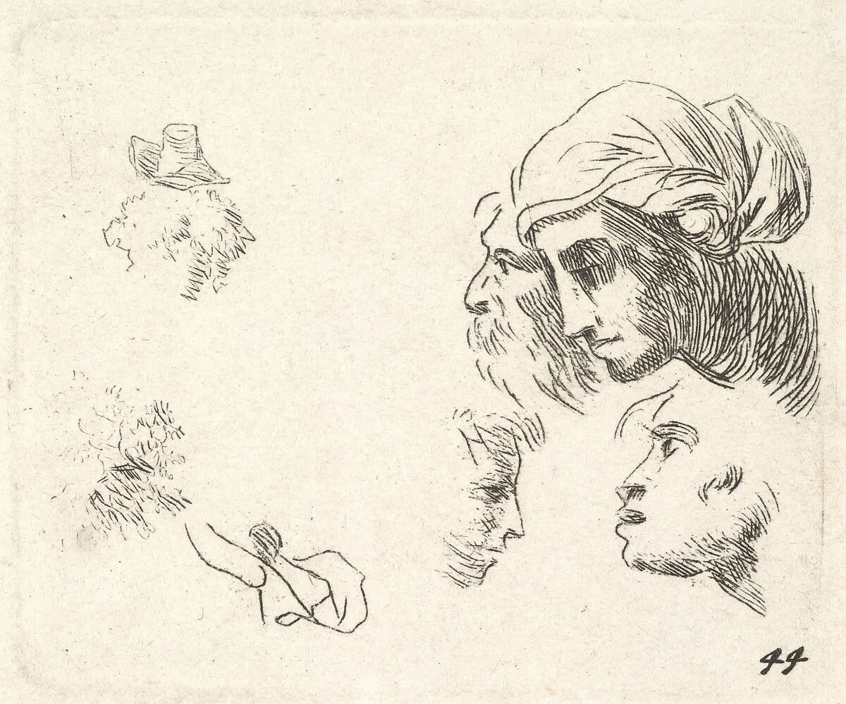 Study of heads in profile view, a woman with headcloth and bearded man whose heads overlap above, two facing profiles below — Karel Dujardin
