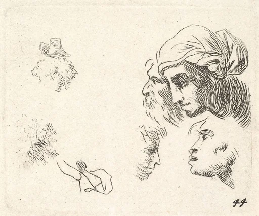 Study of heads in profile view, a woman with headcloth and bearded man whose heads overlap above, two facing profiles below