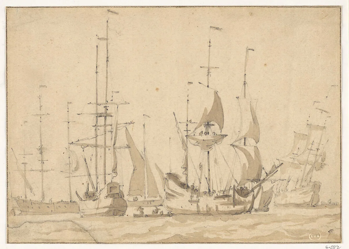 Dutch Merchant Ships at Anchor or under Easy Sail in a Moderate Breeze — Willem van de Velde I