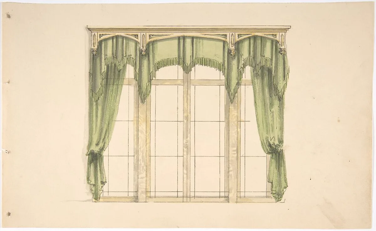 Design for Green Curtains with Green Fringes and a Gold Pediment — Anonymous, British, 19th century