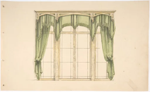 Design for Green Curtains with Green Fringes and a Gold Pediment