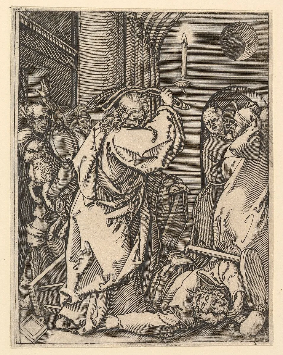 The Cleansing of the Temple; Christ driving the money-changers from the temple and raising a scourge over his left shoulder, as if to strike a man on the floor, after Dürer — Marcantonio Raimondi|Albrecht Dürer