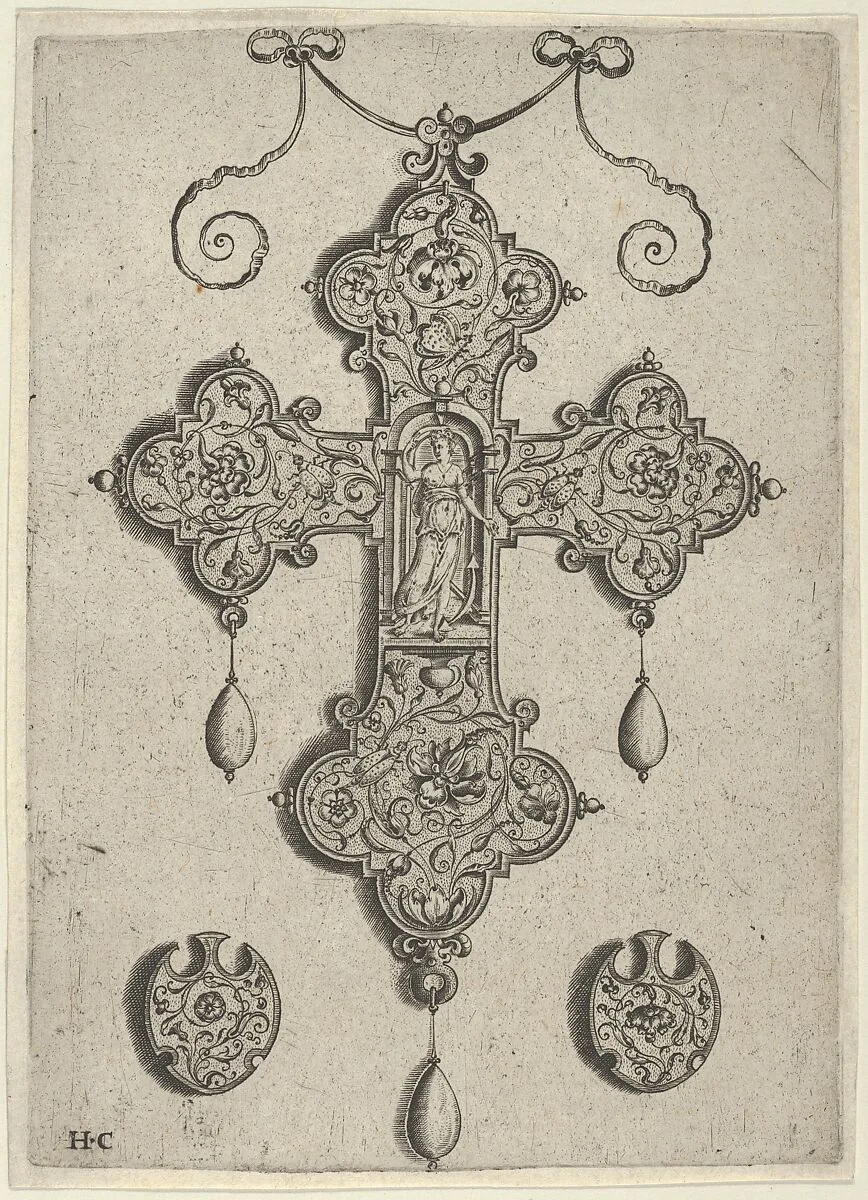 Cross-Shaped Pendant Design with Hope Standing in a Circular Temple — Jan Collaert I|Hans Liefrinck
