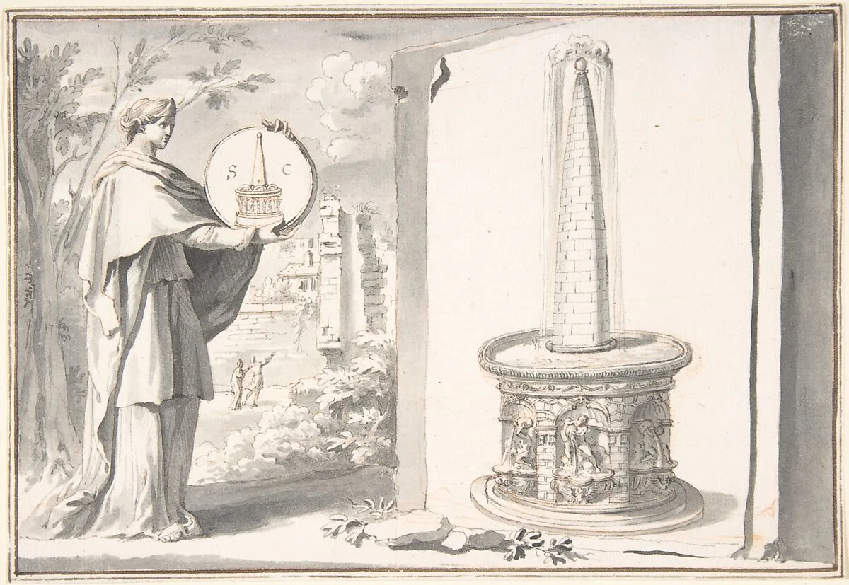 Female Figure Holding a Coin and Image of a Fountain — Jan Goeree