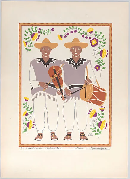 Plate 7: two male musicians from Atotonilco in the state of Guanajuato, from 'Trajes regionales mexicanos' (regional Mexican dress) — Editorial Atlante|Carlos Mérida