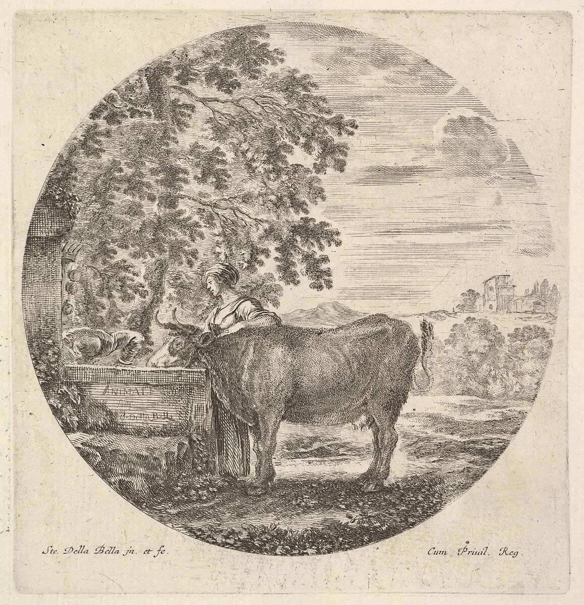 A cow in center drinking from a fountain adorned with the Medici coat of arms at left, accompanied by a shepherd standing behind, a round composition, from 'Six animal subjects' (Six sujets d'animaux) — Stefano della Bella